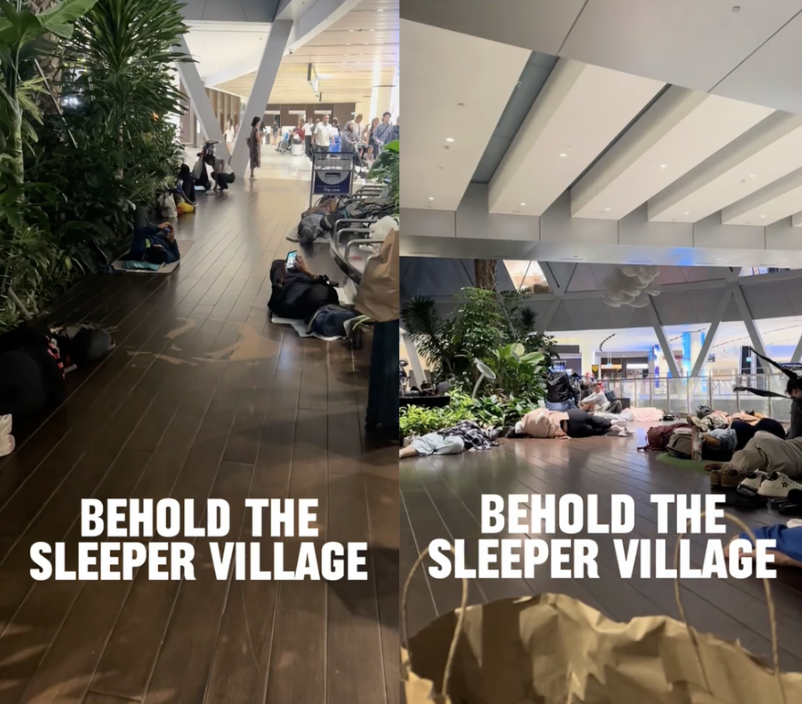 tourists sleep at airport